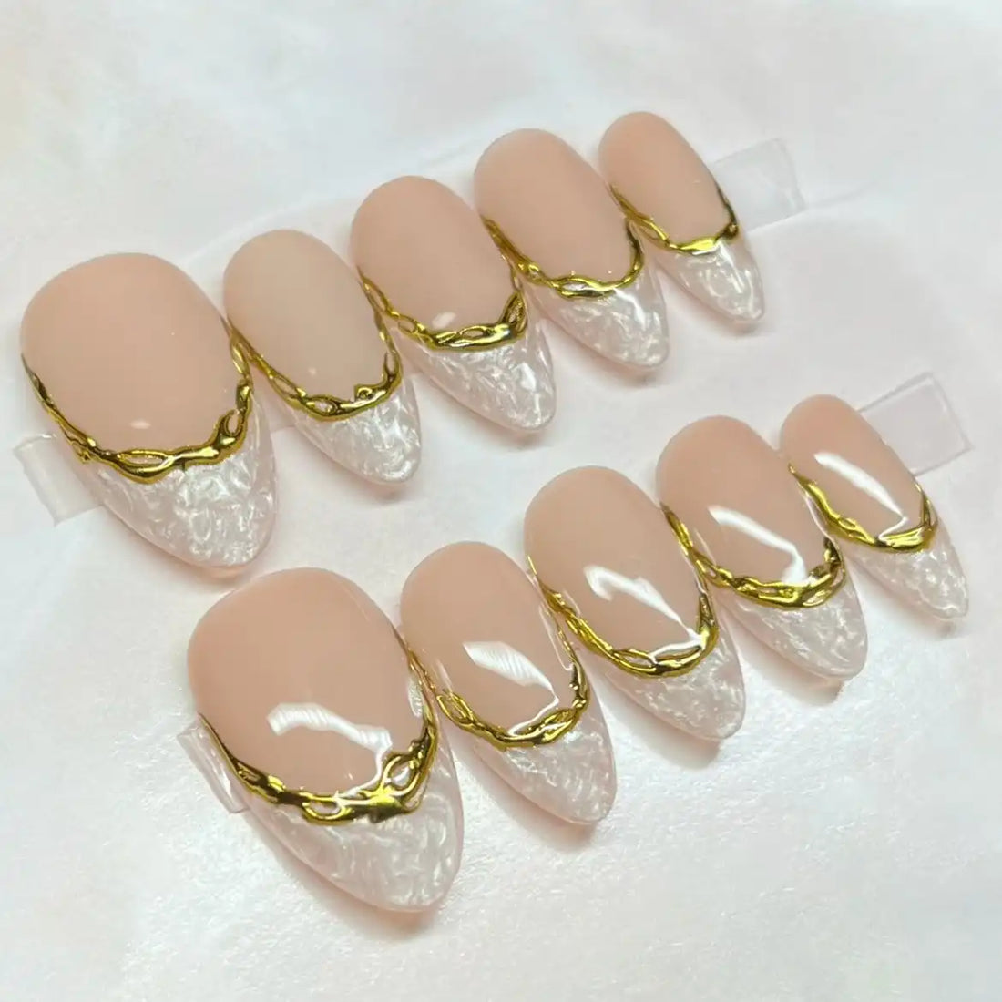 Handmade Gold Marble White Nude French Tip Press on Nails R75