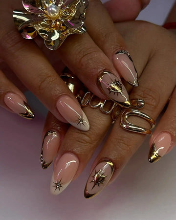 Handmade Gold Chrome Heart Charm Celestial Nude Glossy Press on Nails W75