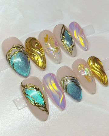 Handmade Gold Chrome Teal Blue Abstract Luxury Press on Nails C63