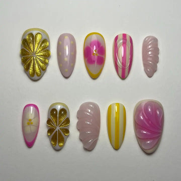 Handmade Gold Pink Stripe Flower Abstract Summer Press on Nails W50