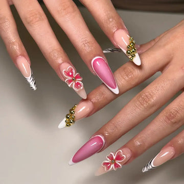 Handmade Gold Floral French Tips Press on Nails - Cute Reusable Fake Fingernails M36