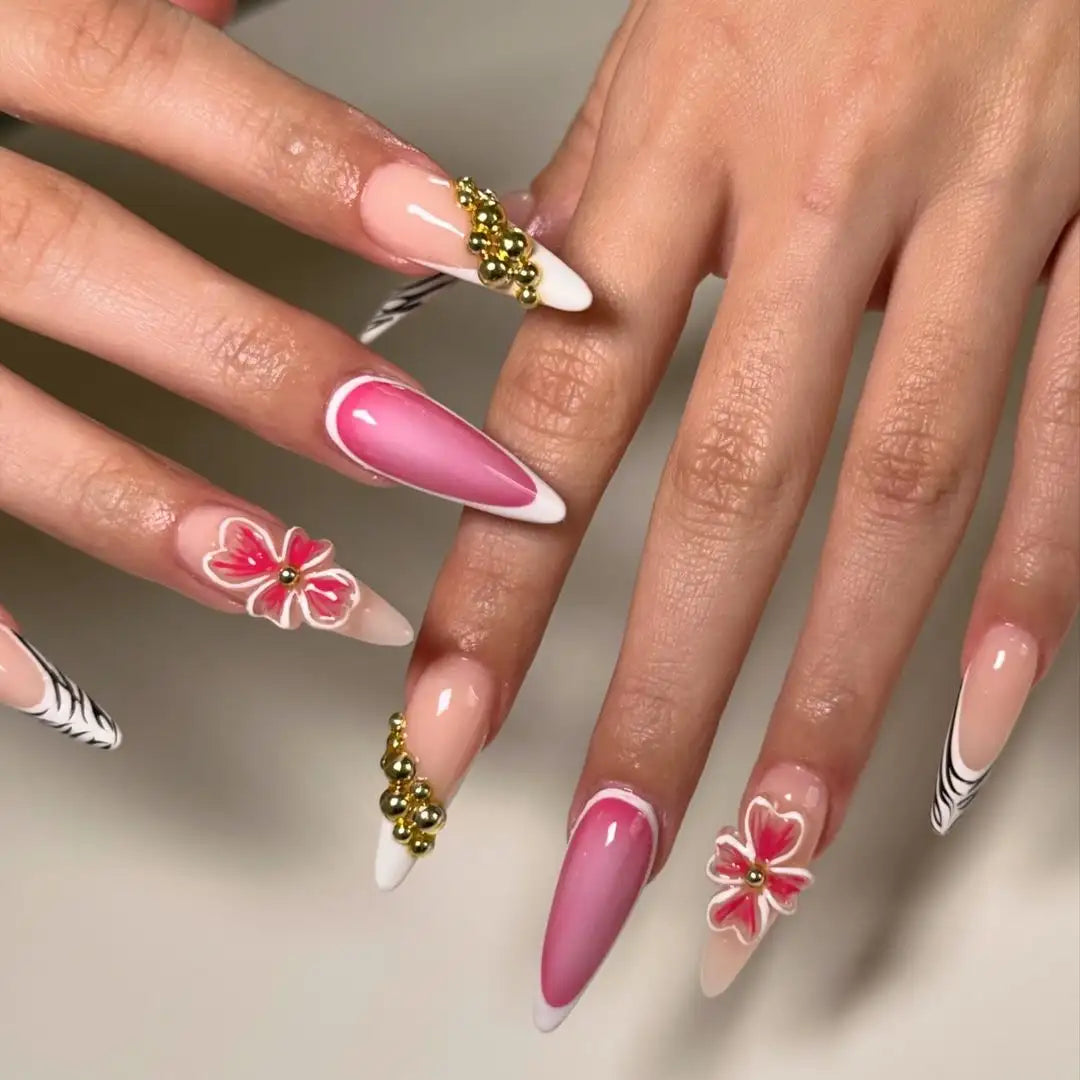Handmade Gold Floral French Tips Press on Nails - Cute Reusable Fake Fingernails M36