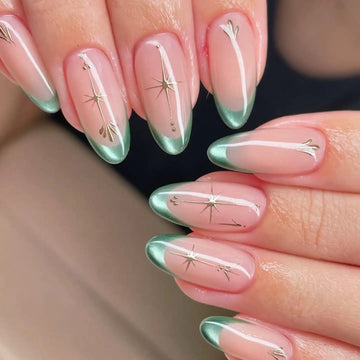 Handmade Green Cat Eye in French Style with Gold Press on Nails D01