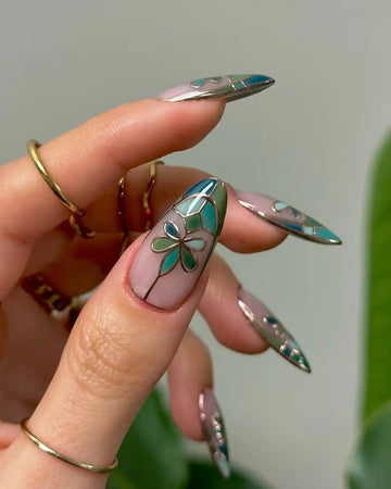 Handmade Green Floral Stained Glass Garden Nature Art Elegant Press on Nails E27