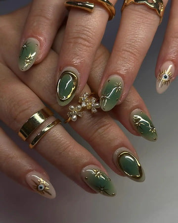Handmade Green Gold Evil Eye Celestial Art Glossy Press on Nails O74
