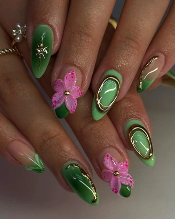 Handmade Green Gradient with 3D Pink Flowers and Gold Press on Nails C38