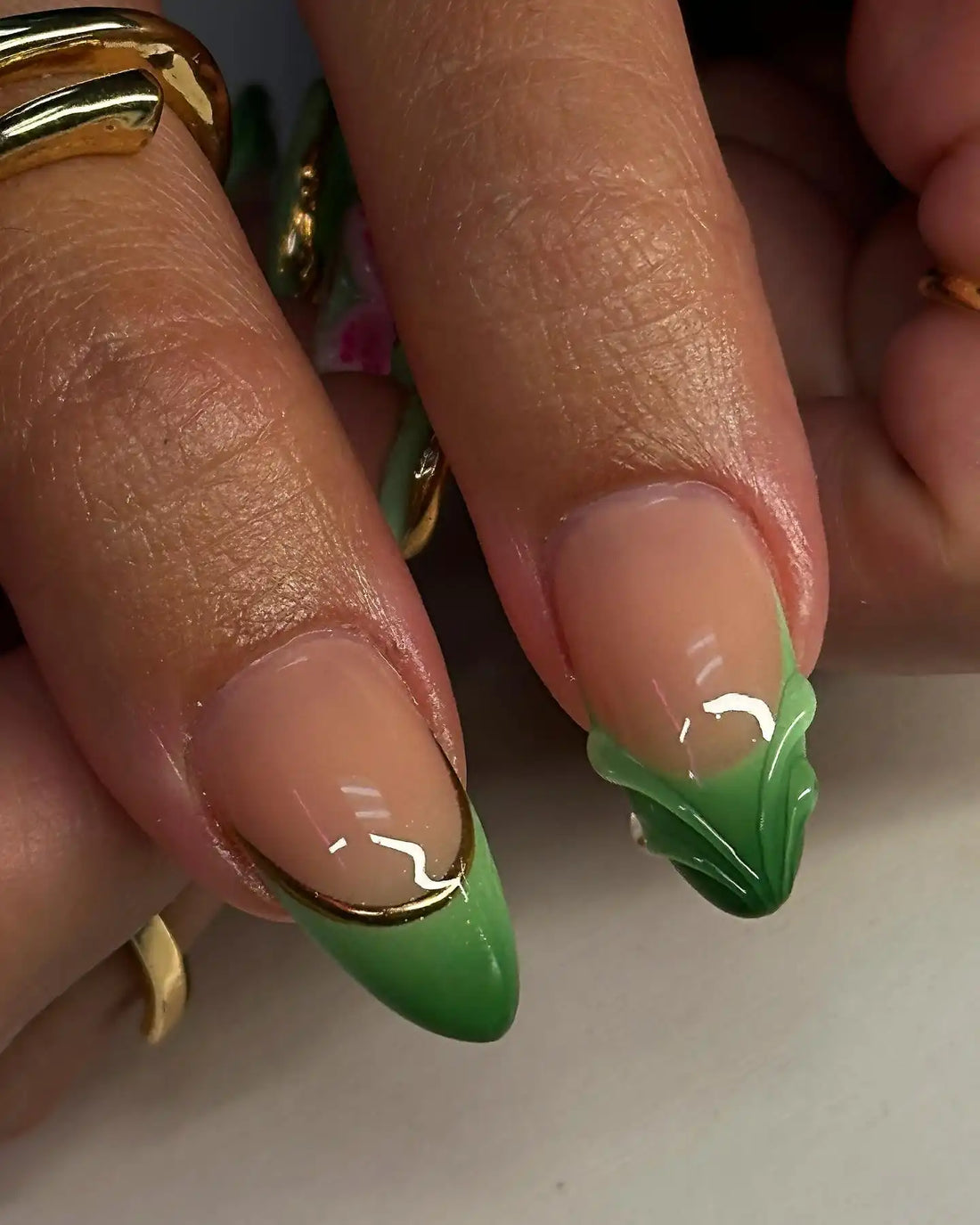Handmade Green Gradient with 3D Pink Flowers and Gold Press on Nails C38
