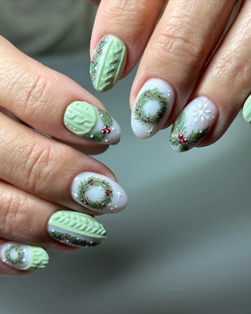 Handmade Green Sweater Knit Wreath Snowflake Winter Art Press on Nails D24