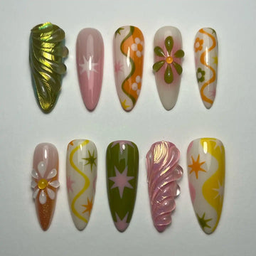 Handmade Retro Flower Star Swirl Pink Orange Green Press on Nails W69