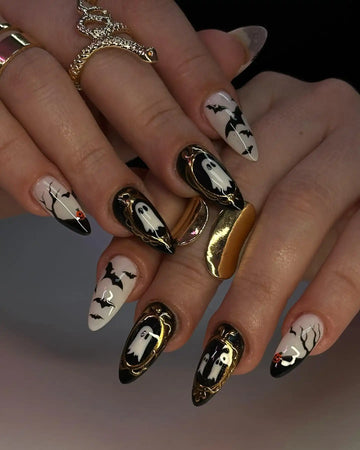 Handmade Halloween Ghost and Bat Design with Gold Frame Press on Nails U07