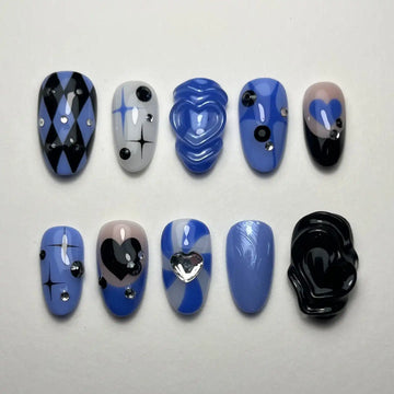 Handmade Heart Blue Black Chrome Edgy Press on Nails O77