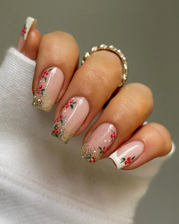 Handmade Holly Berry Gold Glitter French Christmas Press on Nails Z92