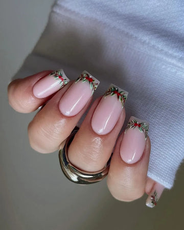 Handmade Holly Berry Nude French Tip Christmas Press on Nails C06