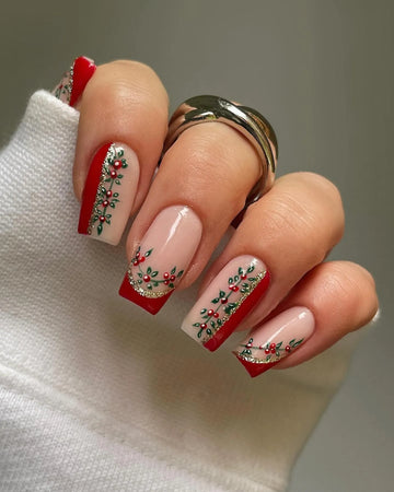 Handmade Holly Vine Red French Glitter Christmas Holiday Press on Nails W71