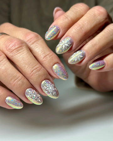 Handmade Holographic Glitter Chrome Snowflake Winter Press on Nails A75