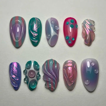 Handmade Abstract Mermaid Purple Teal Water Drop Press on Nails W94
