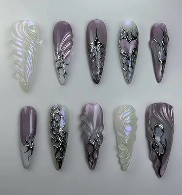 Handmade Iridescent Chrome Purple Heart Abstract Dark Press on Nails Y63
