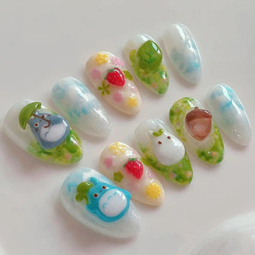 Handmade Kawaii Cartoon Style Garden Green Press on Nails H54