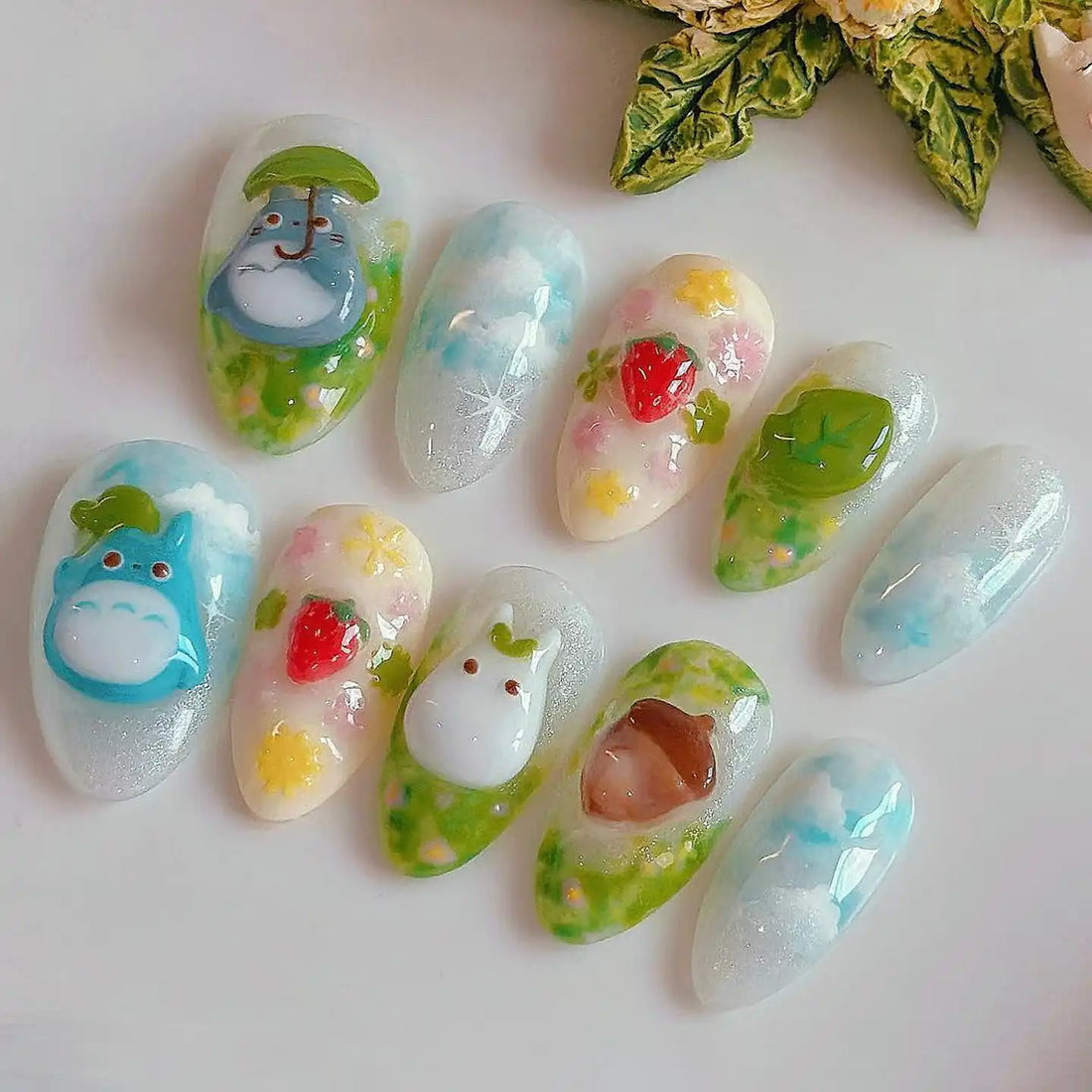 Handmade Kawaii Cartoon Style Garden Green Press on Nails H54