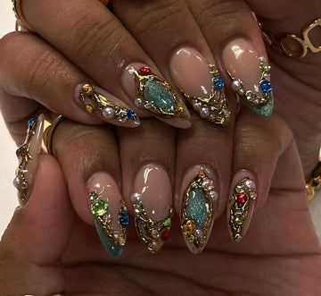 Handmade Luxurious Jewel Gemstone Gold Pearl Multi-Color Press on Nails U01