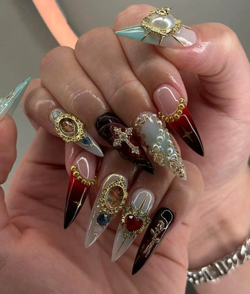 Handmade Luxury Angels Gold Framed Cross Press on Nails D71