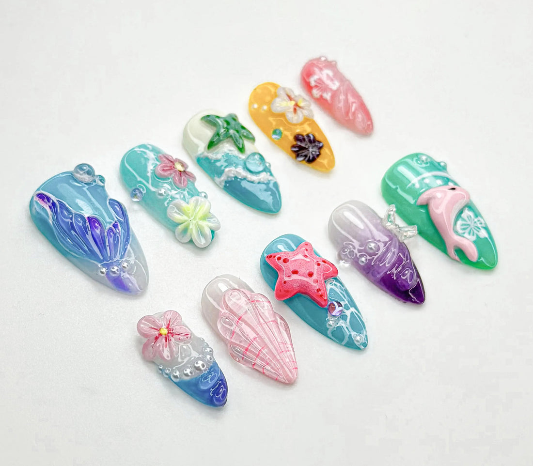 Handmade Mermaid Ocean 3D Starfish Flower Colorful Summer Press on Nails V01