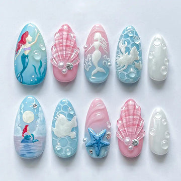 Handmade Mermaid Ocean Fantasy Pink Blue 3D Pearl Press on Nails H78