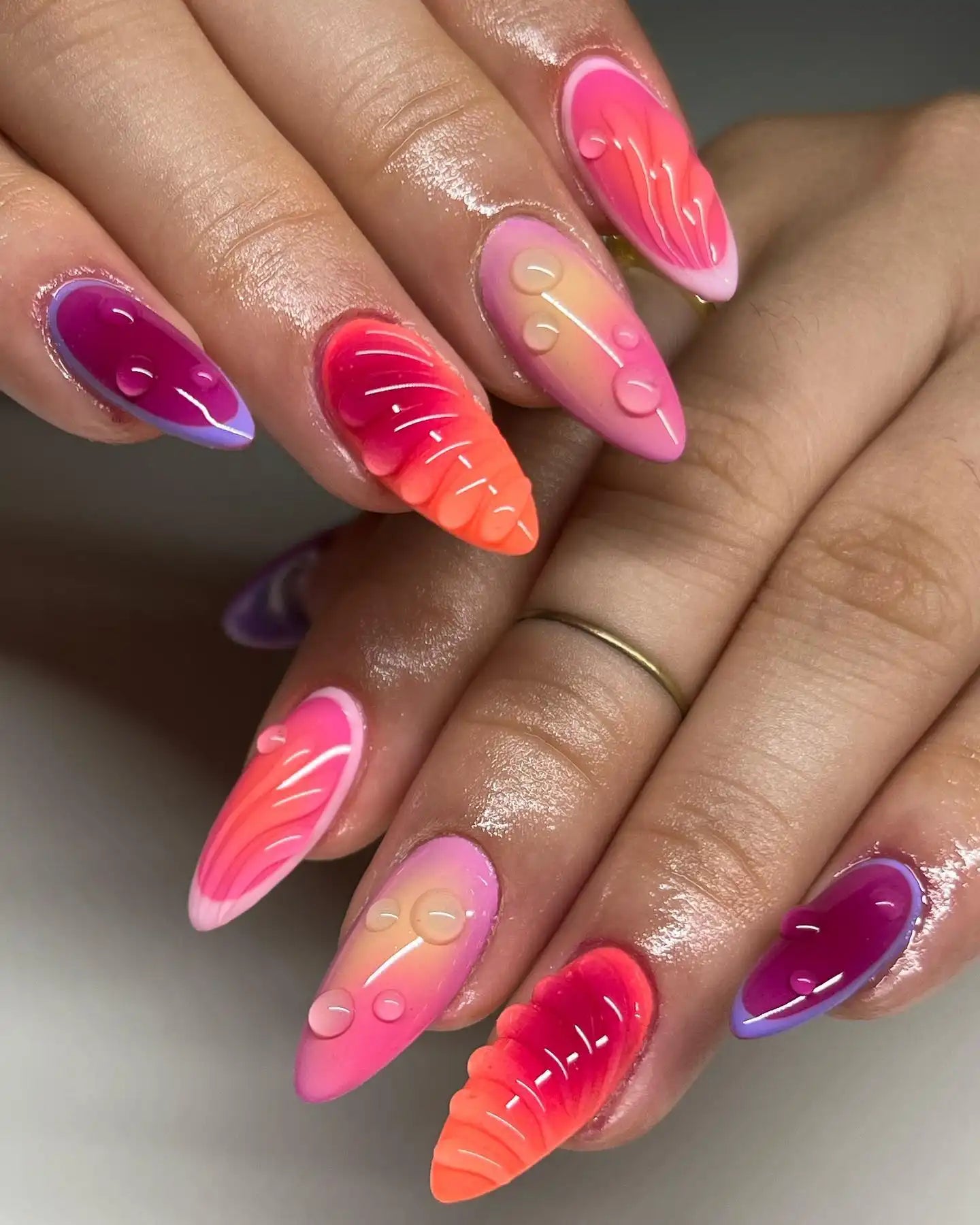 Vibrant Almond Nails with Neon Polish