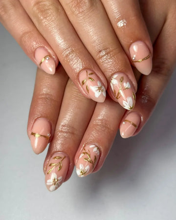 Handmade Nude French White Floral Gold Vine Minimalist Wedding Press on Nails K86