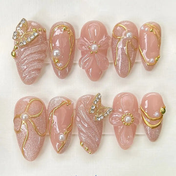 Handmade Nude Glitter Butterfly Pearl Gold Elegant Press on Nails Q99