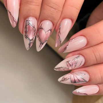 Handmade Pink Chrome Silver Heart Butterfly Love Press on Nails B29