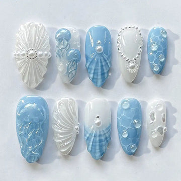 Handmade Ocean Blue Jellyfish Pearl Seashell Art Press on Nails X40