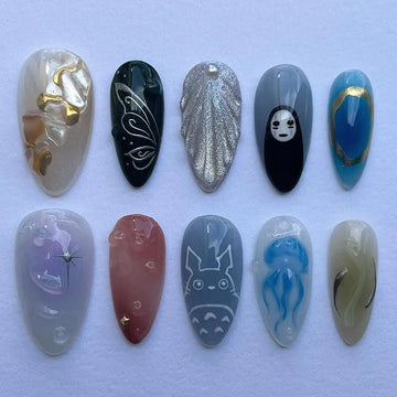 Handmade Ocean Fantasy Totoro Jellyfish Galaxy Art Press on Nails H44