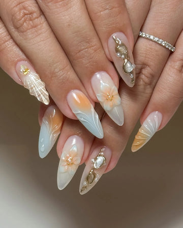 Handmade Ocean Ombre Flower Shell Pearl Gold Summer Fake Nails R84