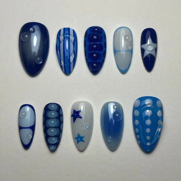 Handmade Ocean Water Bubble Star Blue Stripe Press on Nails E94