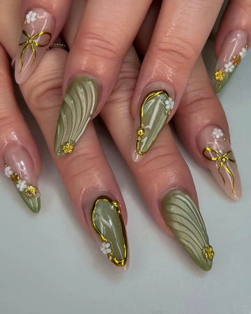 Handmade Olive Green Gold 3D Floral Elegant Garden Press on Nails O03