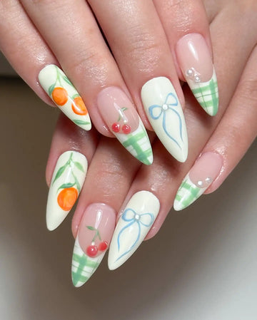 Handmade Paintings Orange Cherry Ribbon French Press on Nails W95