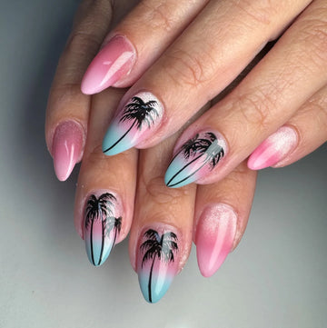 Handmade Palm Tree Pink Blue Sunset Ombre Tropical Summer Press on Nails S74