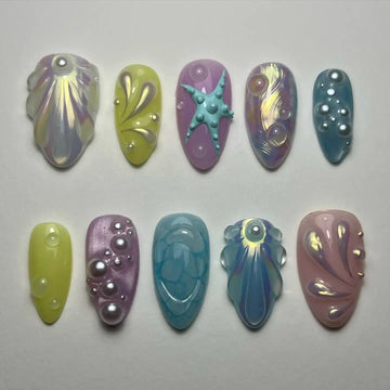Handmade Sea Shell Starfish Mermaid Ocean World Pastel Press on Nails Y57