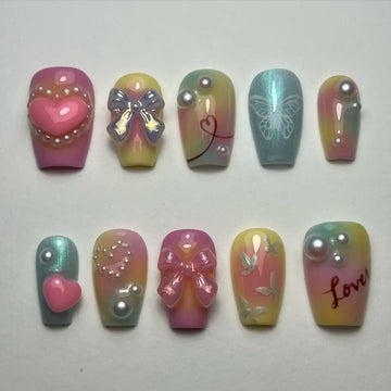 Handmade Valentine Pastel Love Heart Bow Tie Butterfly Press on Nails P32