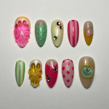Handmade Pastel Stripe Citrus Polka Dot Summer Press on Nails G22