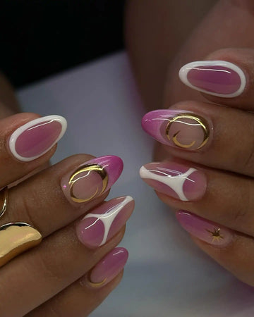 Handmade Pink Aura with Gold Moon and Star Accent Press on Nails U63