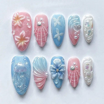 Handmade Pink Blue Jellyfish Seashell Floral Mermaid Press on Nails V50