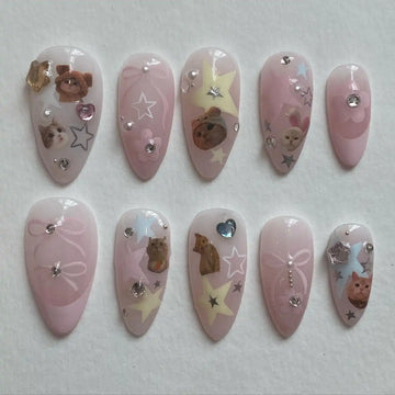 Handmade Pink Cat Star Bow Crystal Kawaii Animal Cute Press on Nails V30