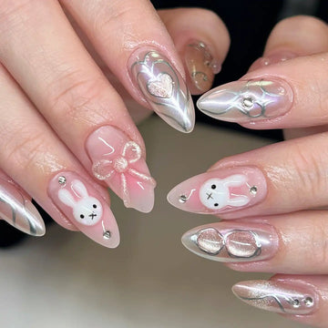 Handmade Pink Chrome Bunny Bow Heart Cute Iridescent Kawaii Press on Nails M23