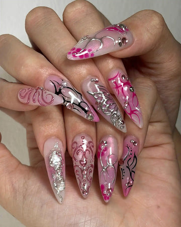 Handmade Pink Chrome Scrollwork Silver Rhinestone Abstract Press on Nails S04