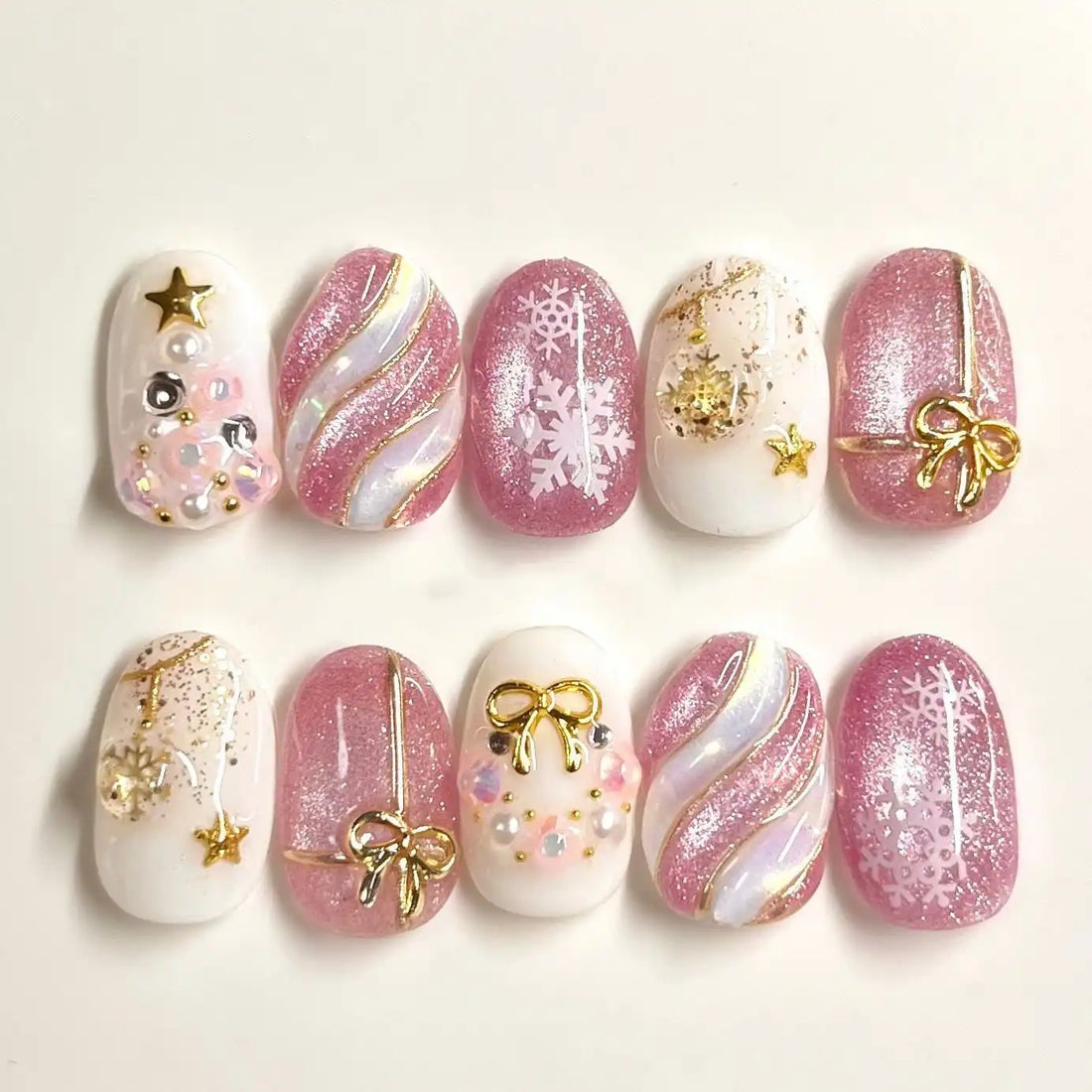 Handmade Pink Glitter Snowflake Bow Gold Star Winter Holiday Press on Nails Z59