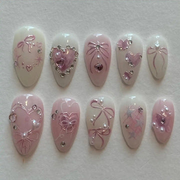 Handmade Pink Heart Bow Rhinestone Pearl Glitter Star Press on Nails X52