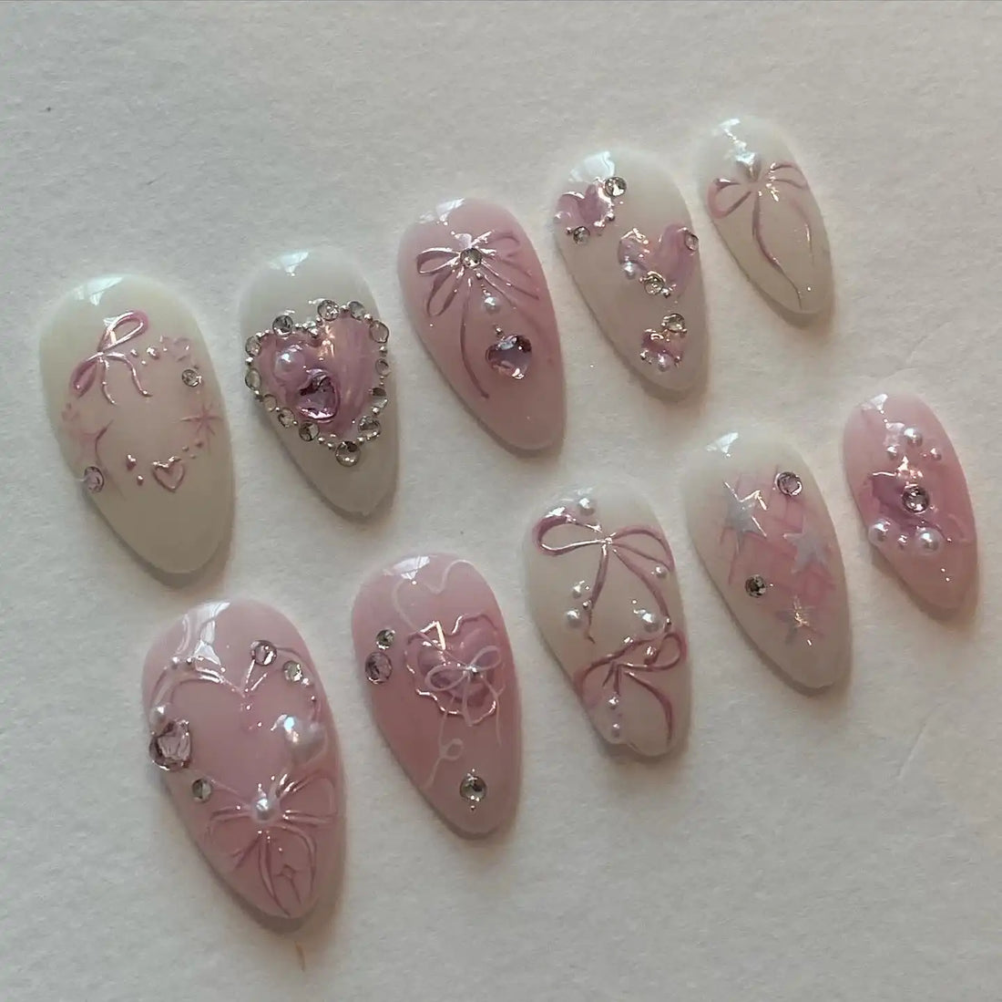 Handmade Pink Heart Bow Rhinestone Pearl Glitter Star Press on Nails X52