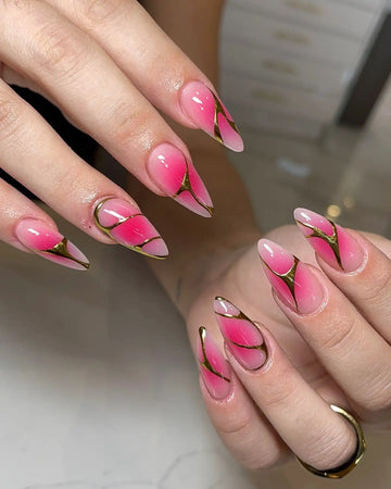 Handmade Pink Ombre Gold Lined Edgy Glossy Glam Press on Nails P52